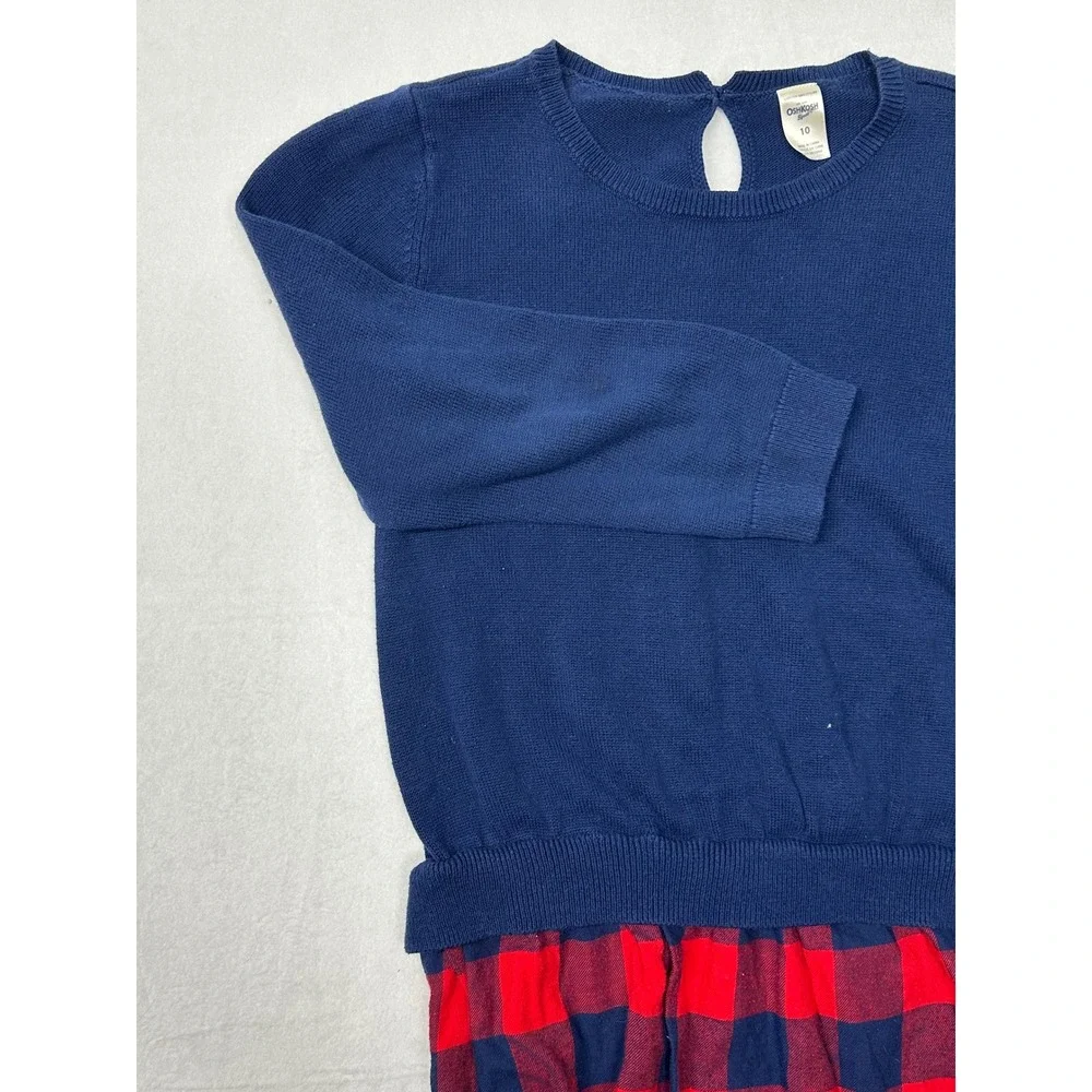 OshKosh B'Gosh Girls' Navy Blue Sweater‎ Dress Red Plaid Skirt Size 10